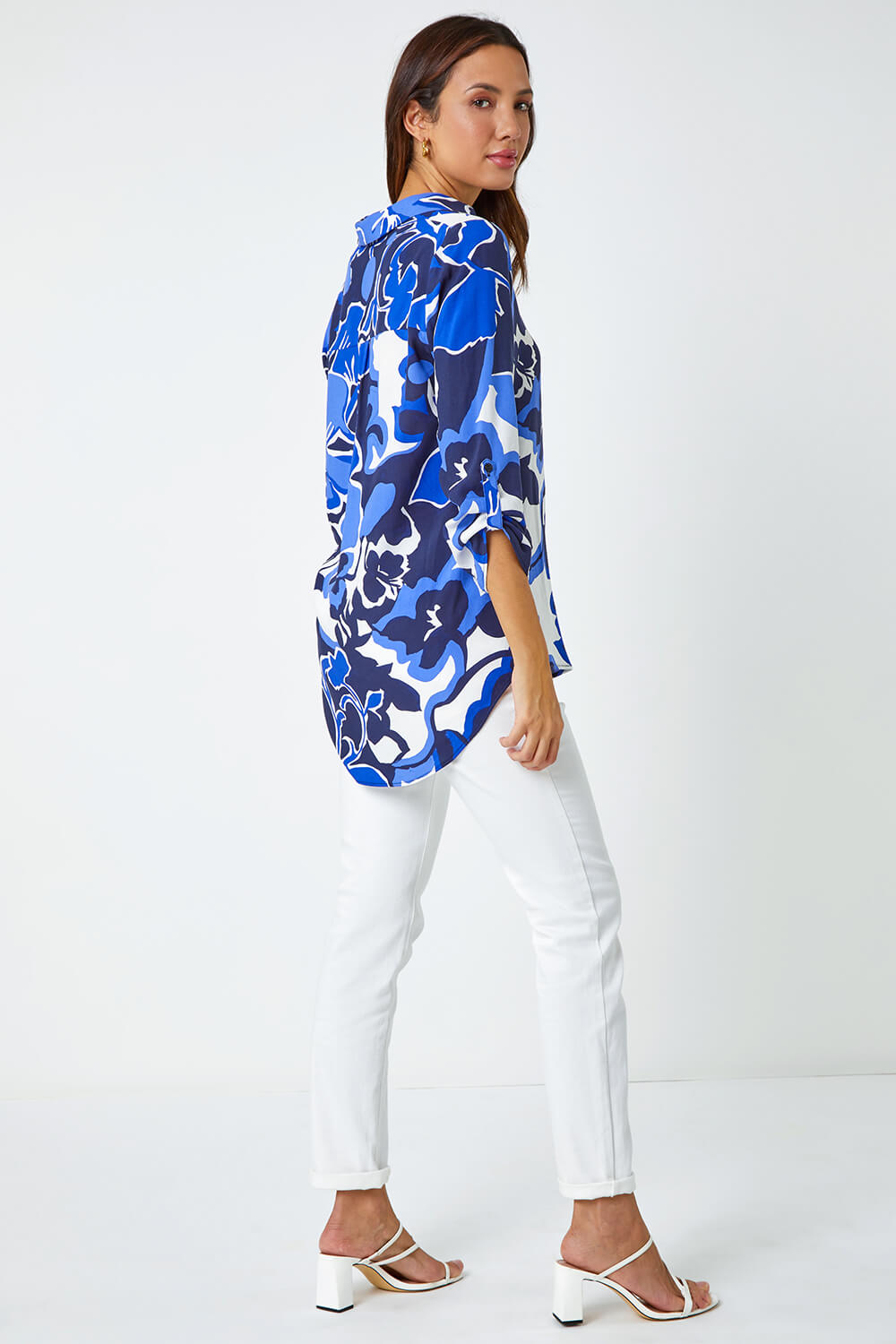 Royal Blue Floral Print Pleat Front Top, Image 4 of 6