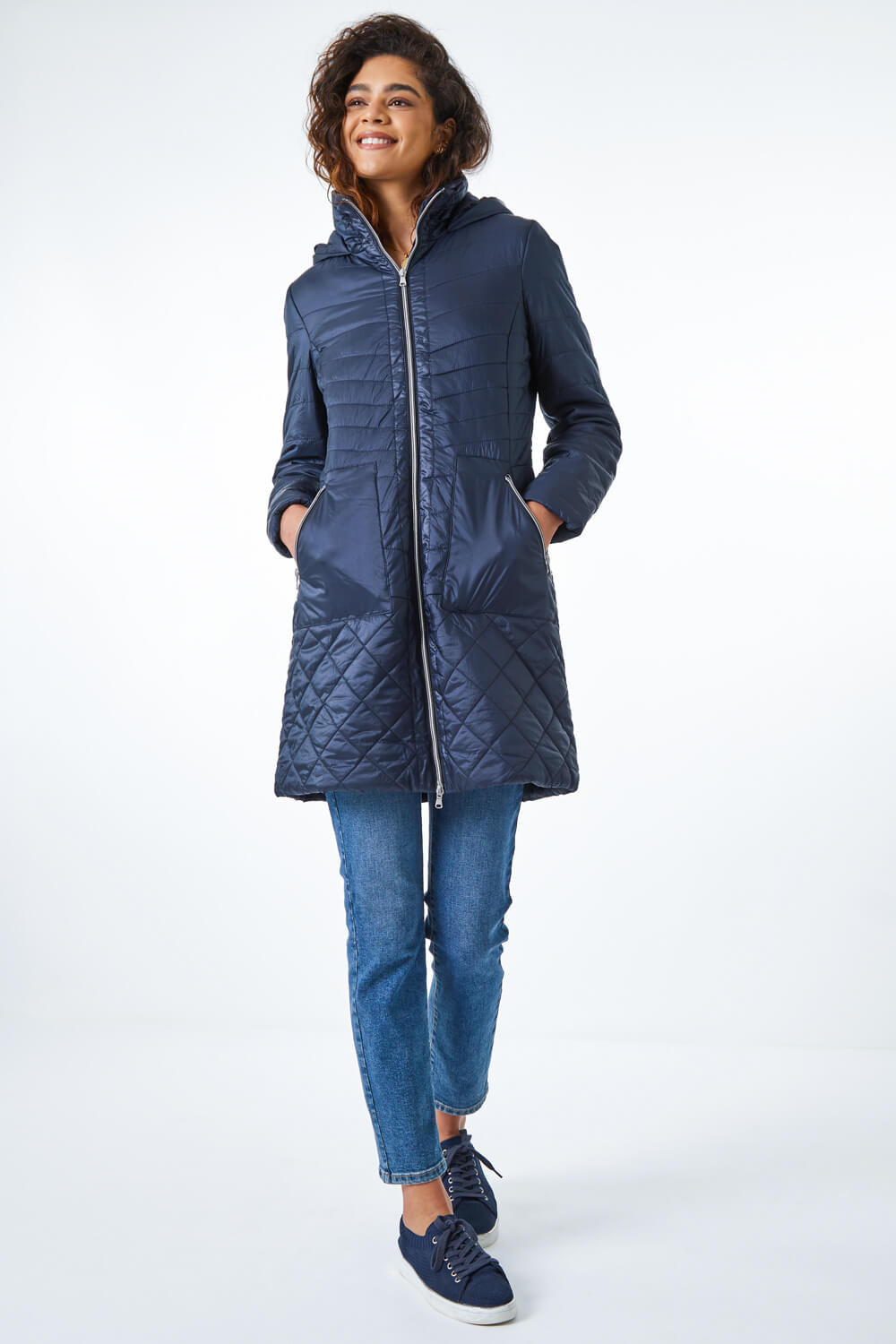 Navy  Longline Quilted Coat with Hood, Image 6 of 6