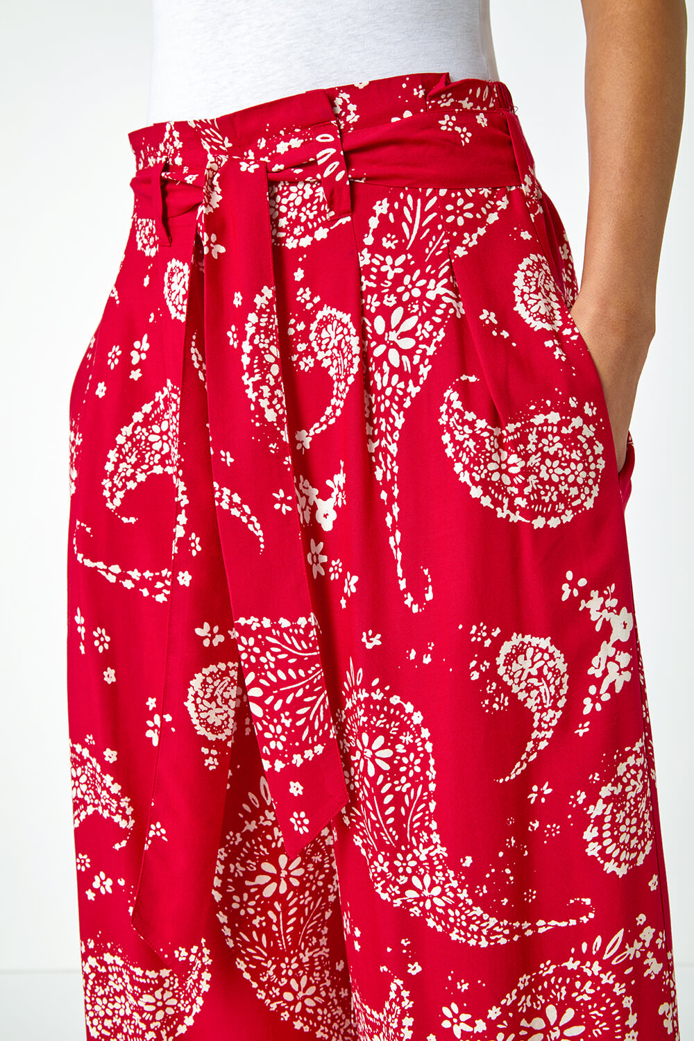 Red Paisley Print Wide Leg Cropped Trousers, Image 5 of 5