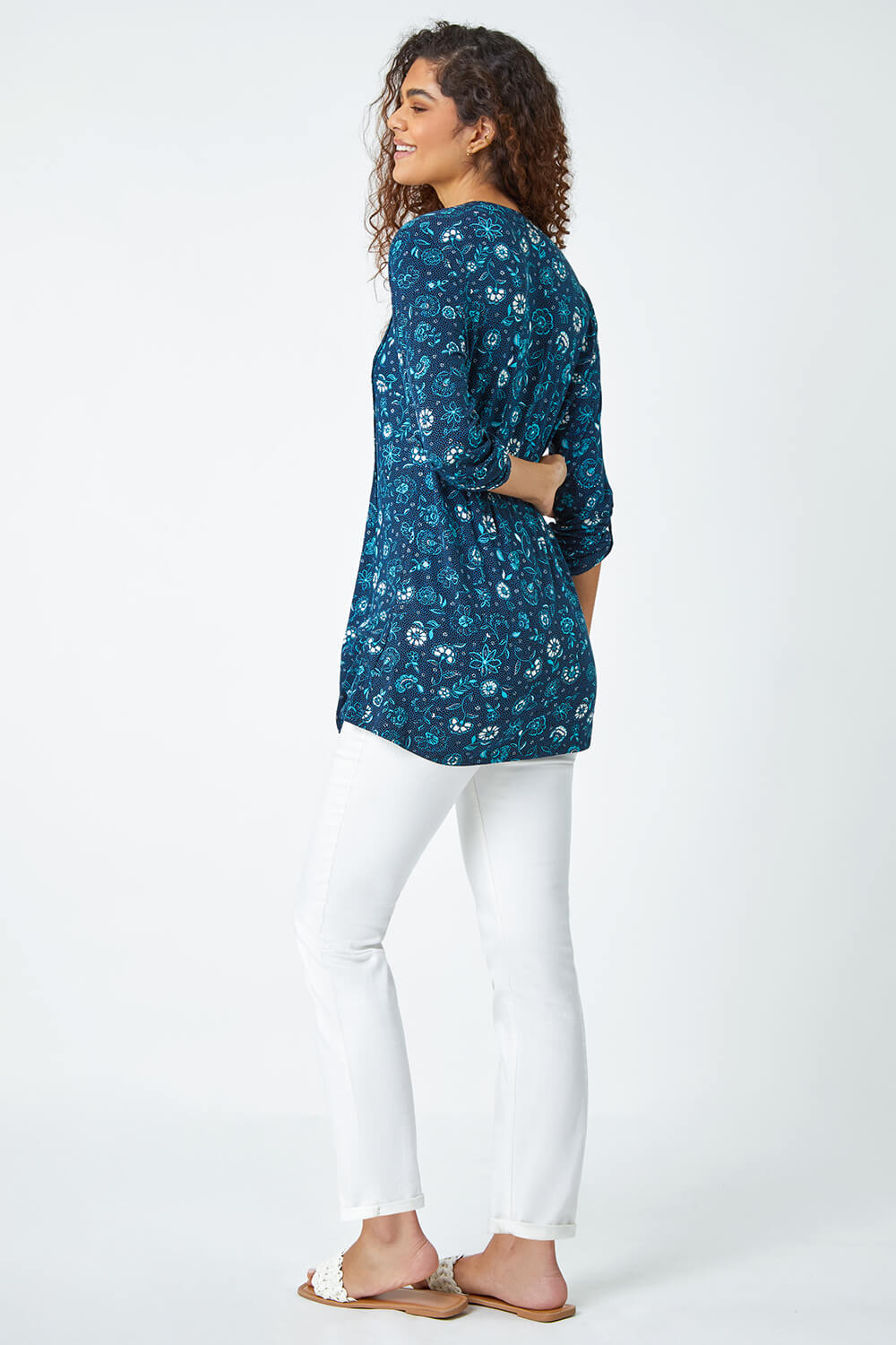 Teal Ditsy Floral Pintuck Stretch Top, Image 3 of 5