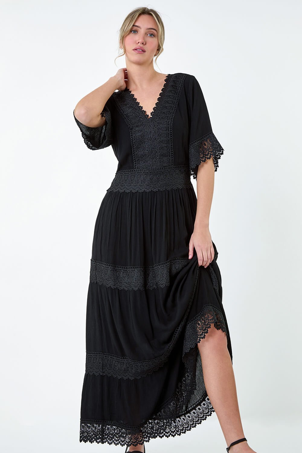 Black Tiered Lace Detail Maxi Dress, Image 3 of 4