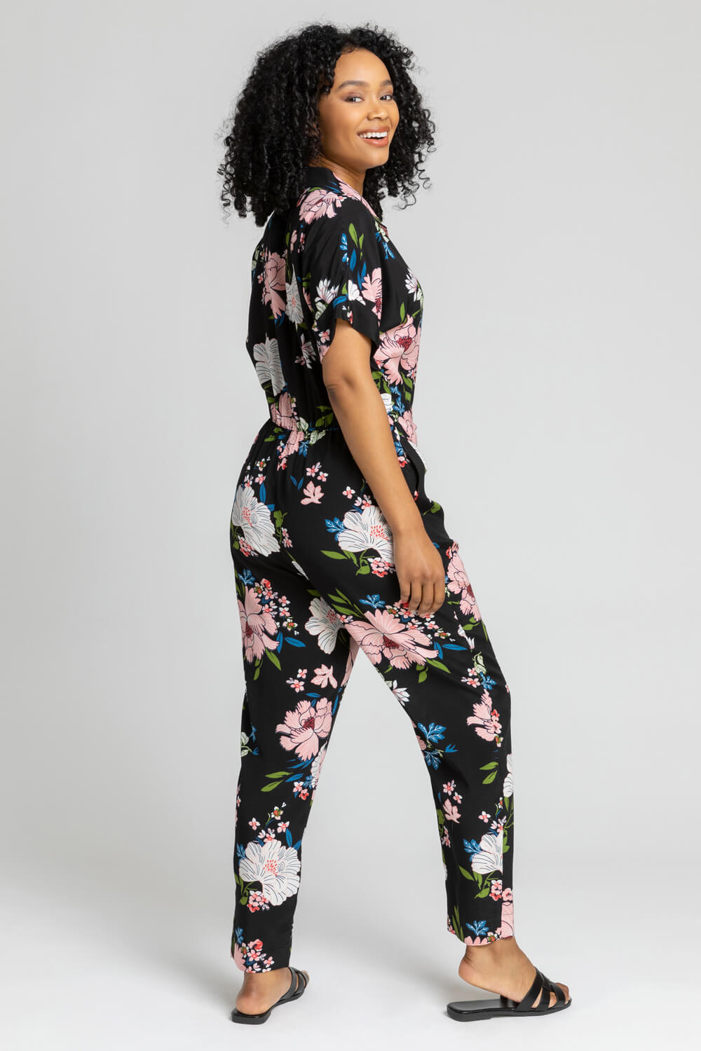 Black Petite Belted Floral Print Jumpsuit, Image 2 of 4