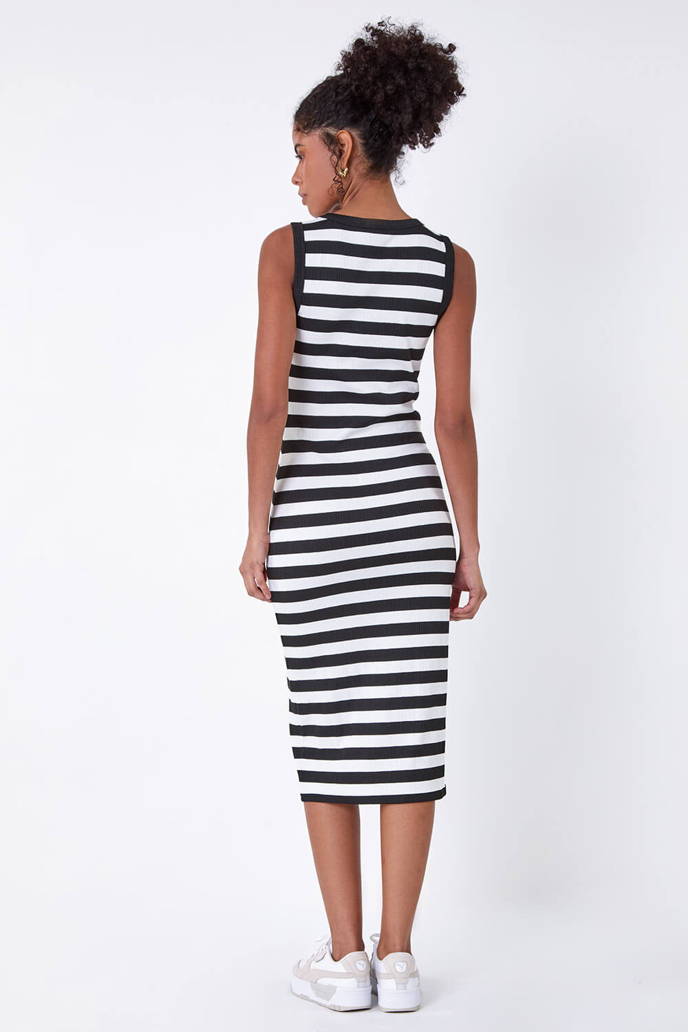 Black Ribbed Stripe Stretch Midi Dress, Image 3 of 7