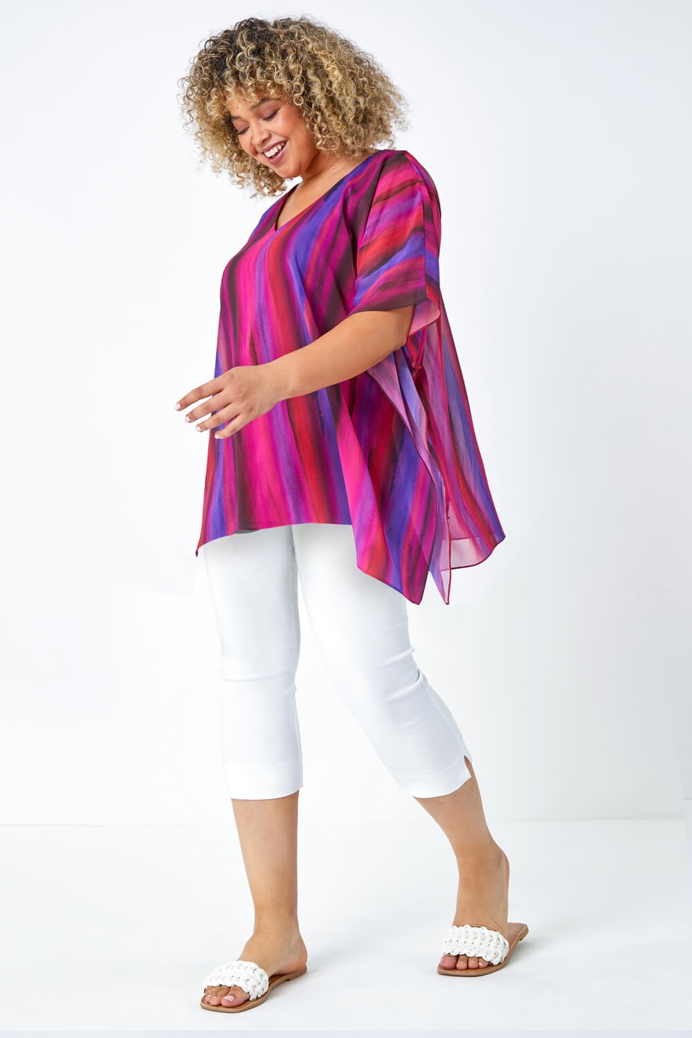 PINK Curve Stripe Chiffon Overlay Top, Image 2 of 5