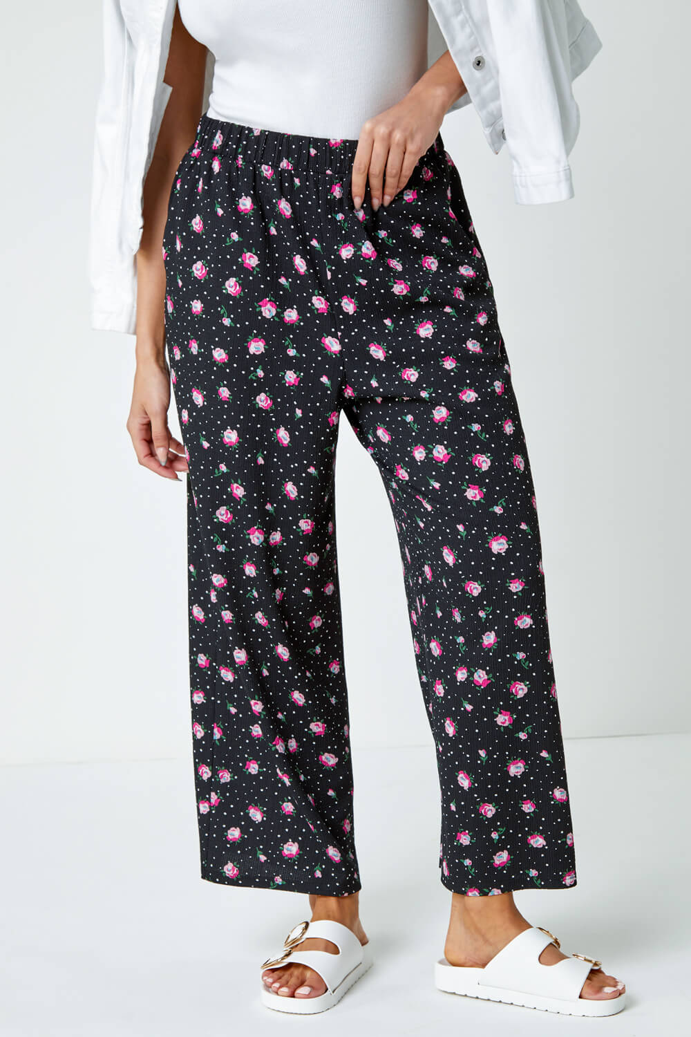 Black Ditsy Floral Print Stretch Culottes, Image 4 of 5
