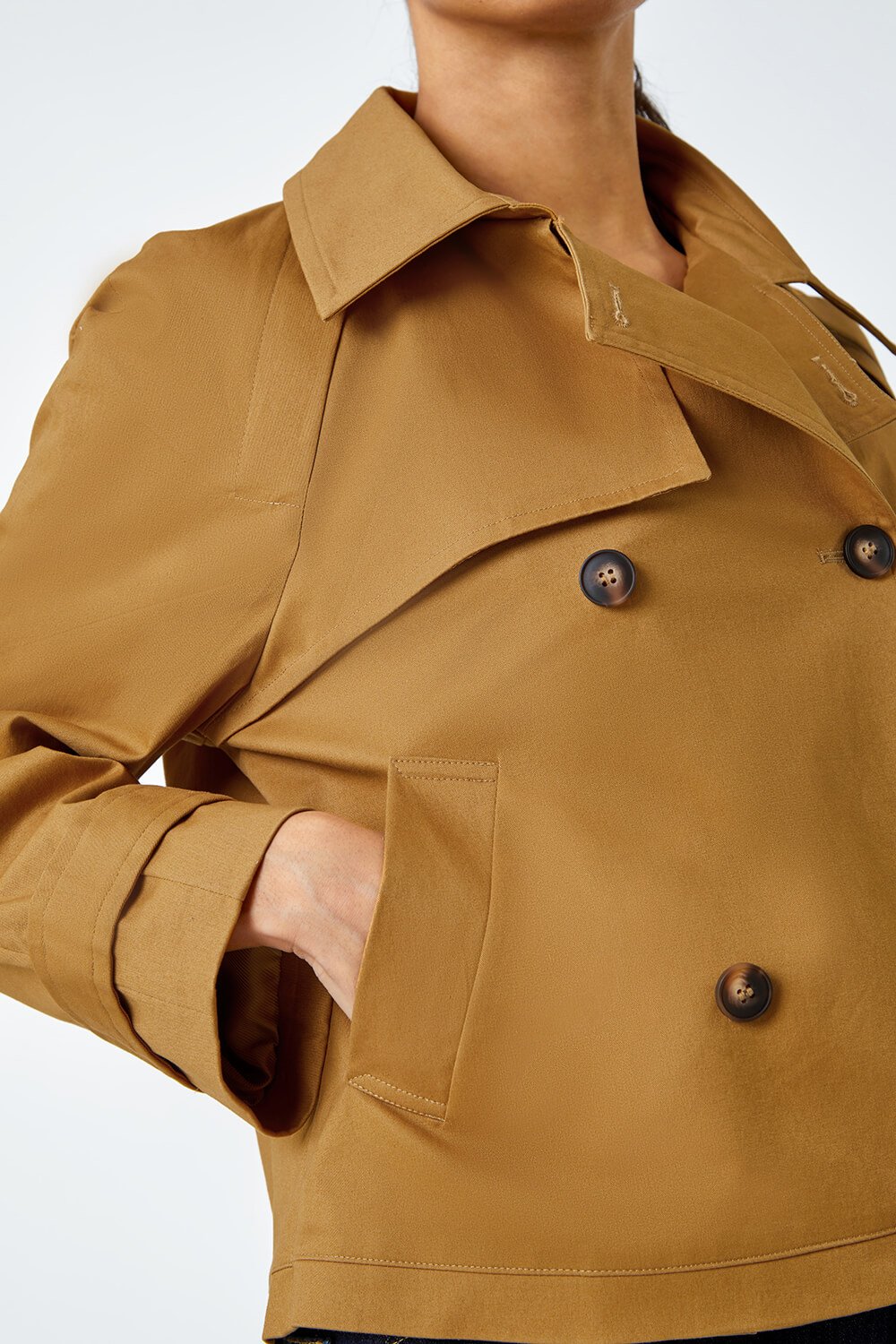 Tan Cotton Blend Cropped Stretch Trench Coat, Image 5 of 5