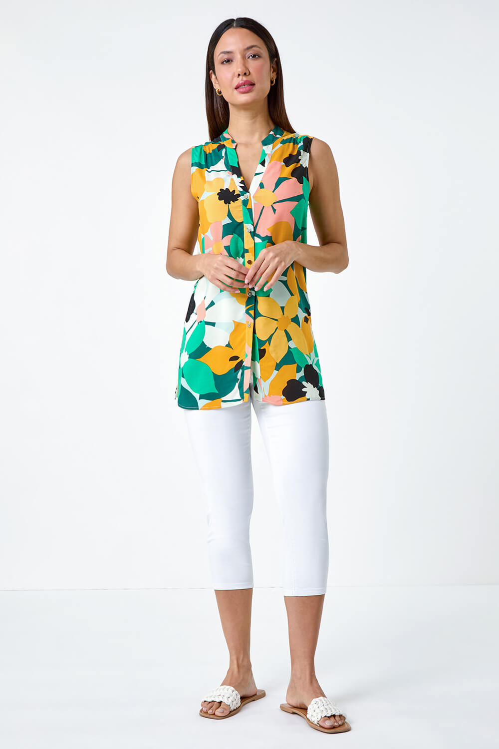 Green Floral Print Sleeveless Button Blouse, Image 2 of 5