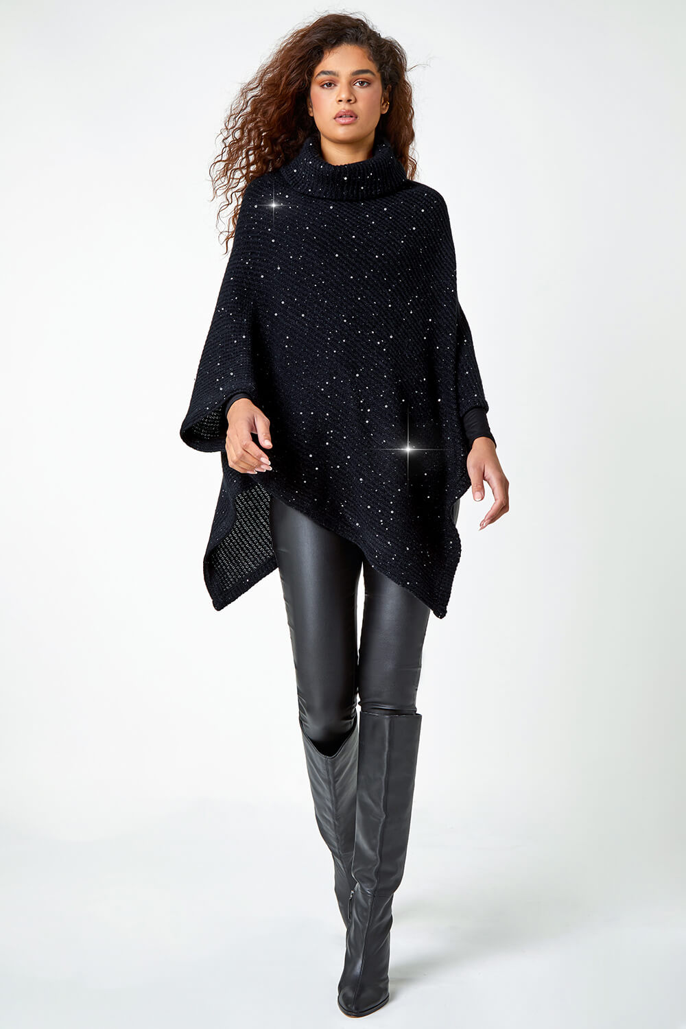Black One Size Rib Roll Neck Sequin Poncho, Image 2 of 5