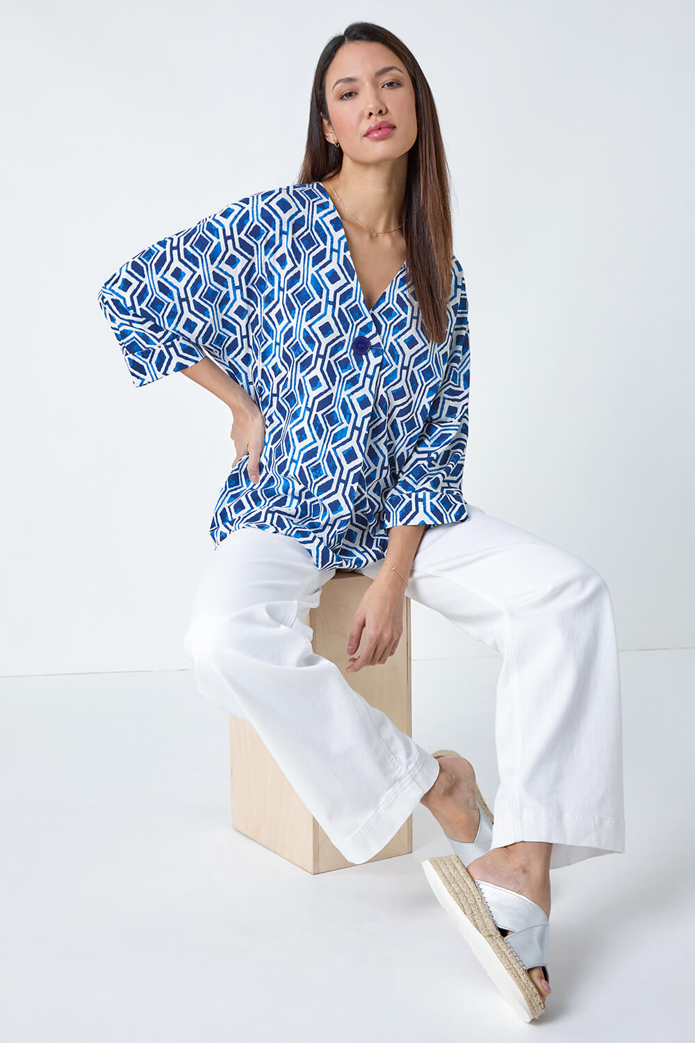 Blue Geometric Pleated Button Detail Top, Image 4 of 5