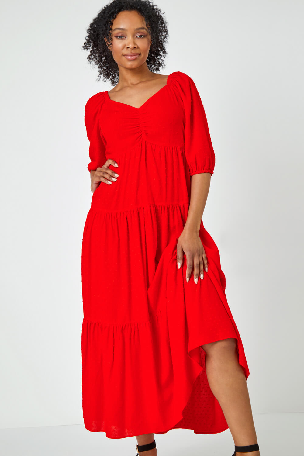 Red Petite Textured Spot Tiered Midi Dress, Image 4 of 5