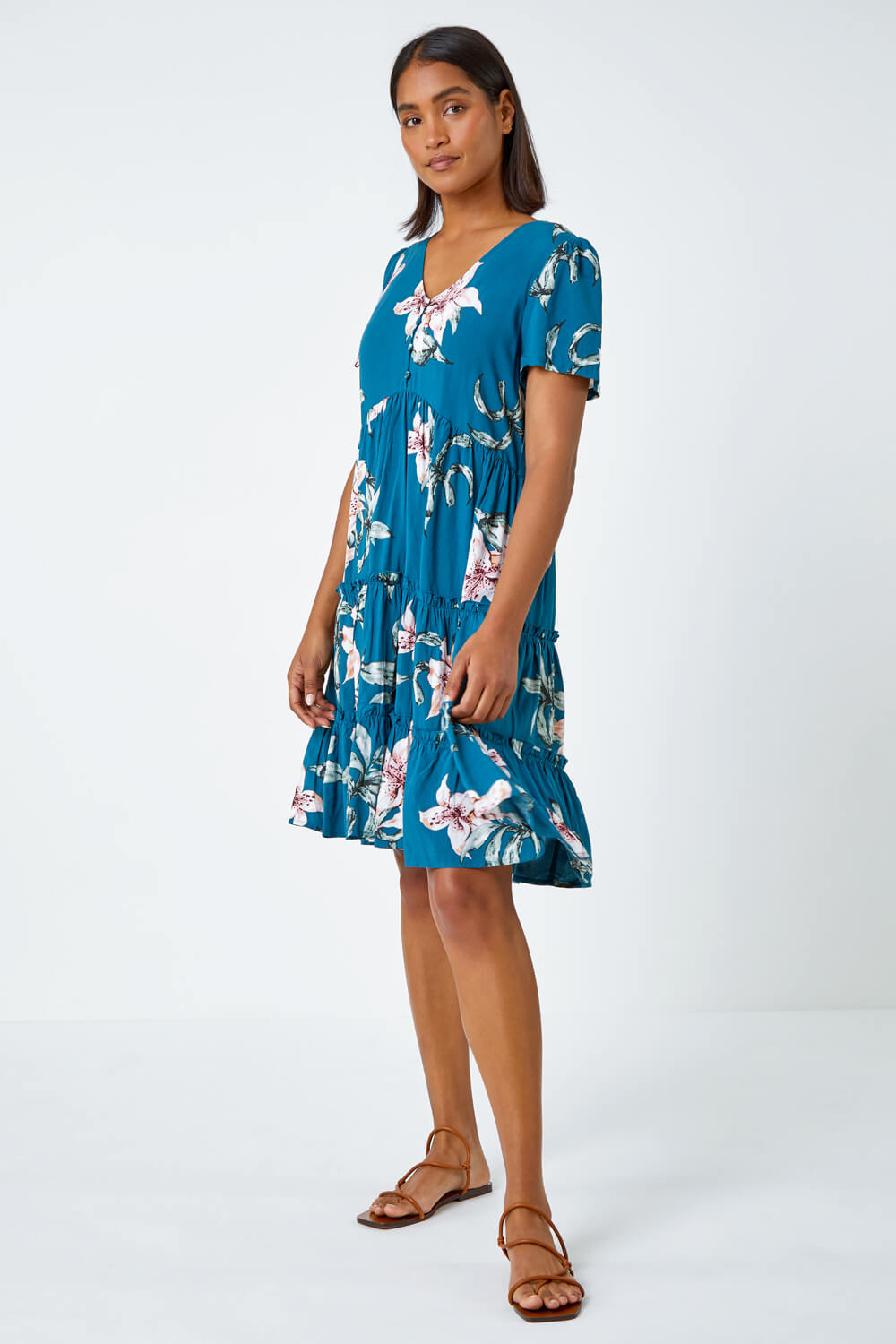 Teal Floral Print Tiered Mini Dress, Image 2 of 5
