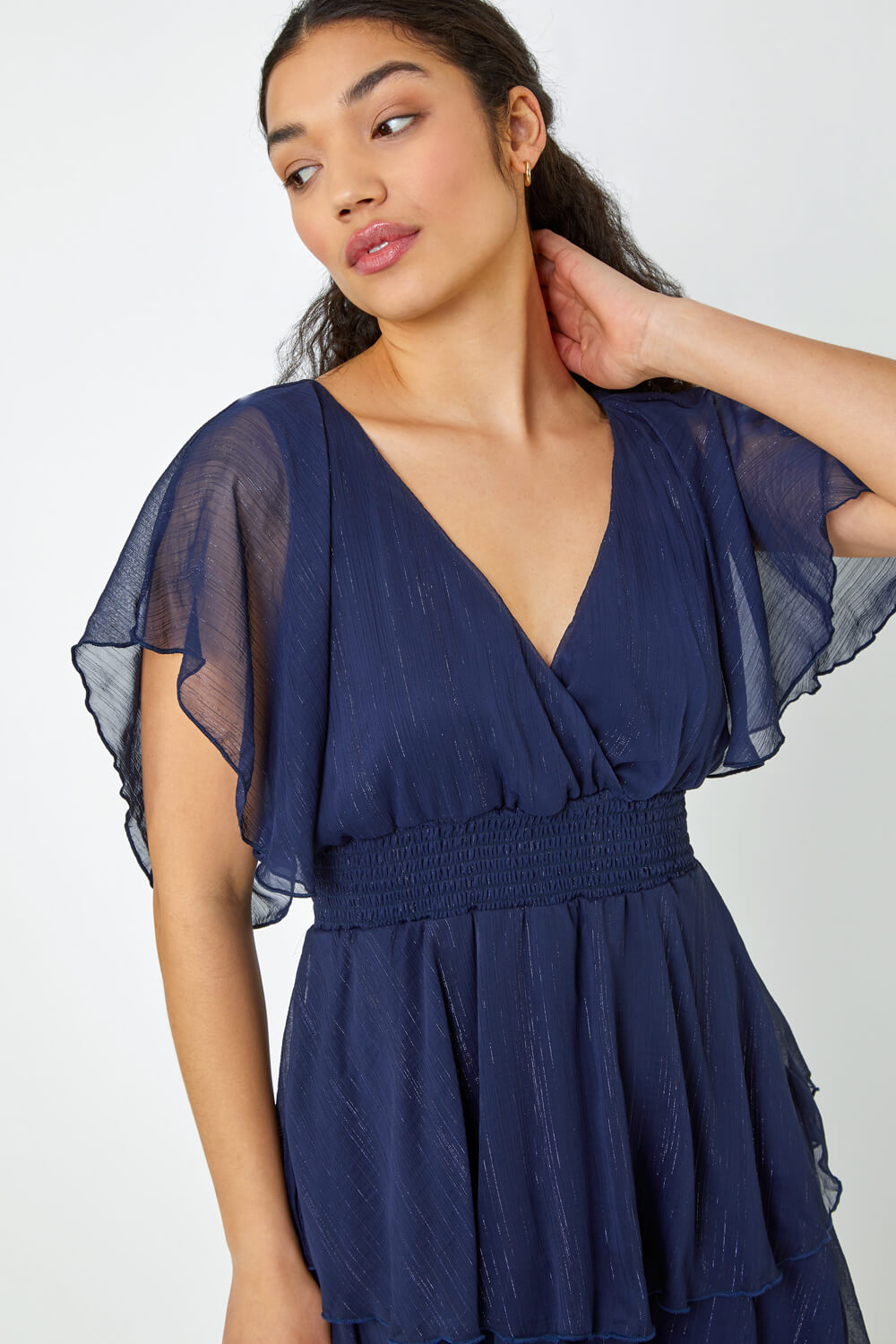 Navy  Shimmer Chiffon Tiered Wrap Dress, Image 4 of 5
