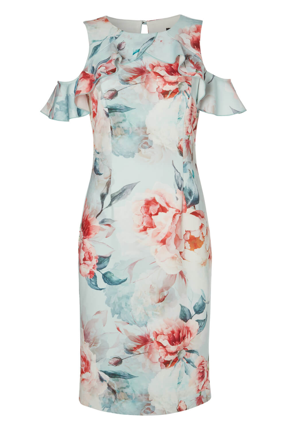 Mint Floral Ruffle Cold Shoulder Scuba Dress, Image 4 of 4
