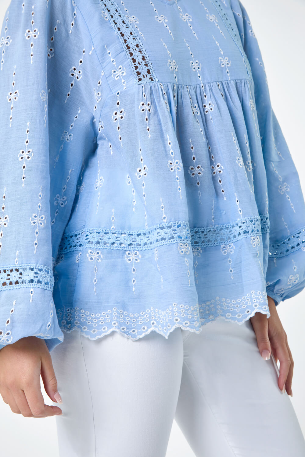 Light Blue  Petite Embroidered Cotton Smock Top, Image 5 of 5