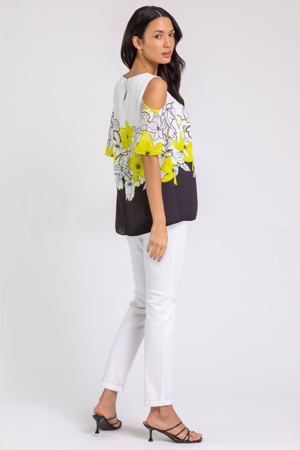 Lime Floral Placement Print Cold Shoulder Top, Image 2 of 5