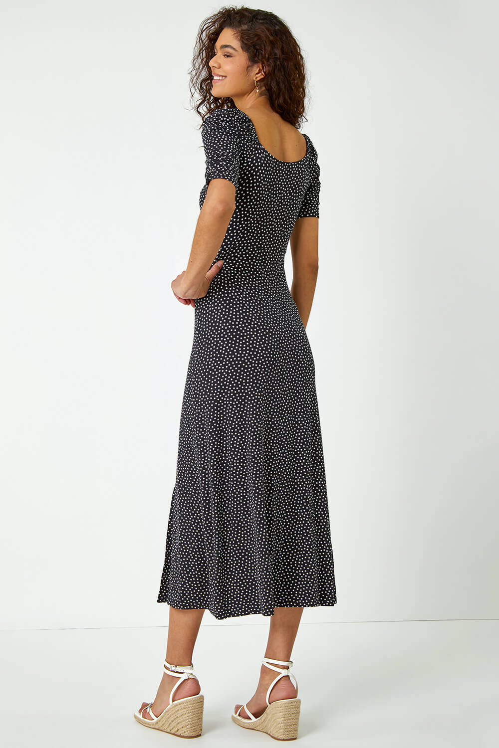 Black Polka Dot Print Midi Dress, Image 2 of 5