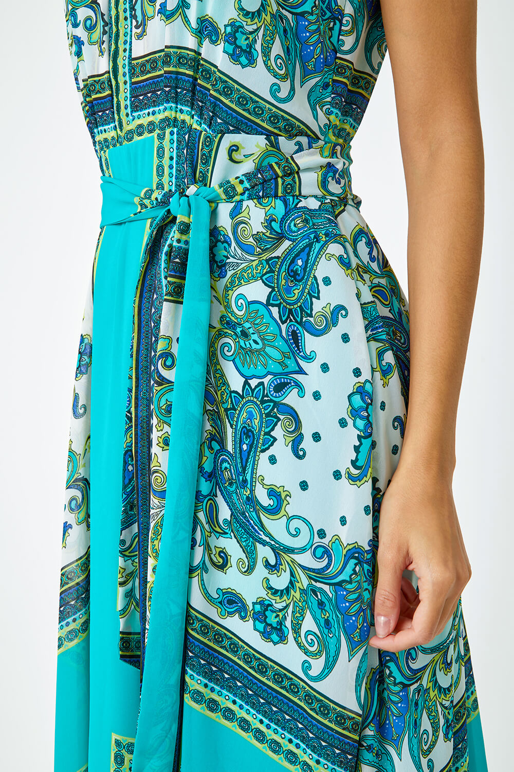 Turquoise Scarf Print Halter Neck Maxi Dress, Image 5 of 5