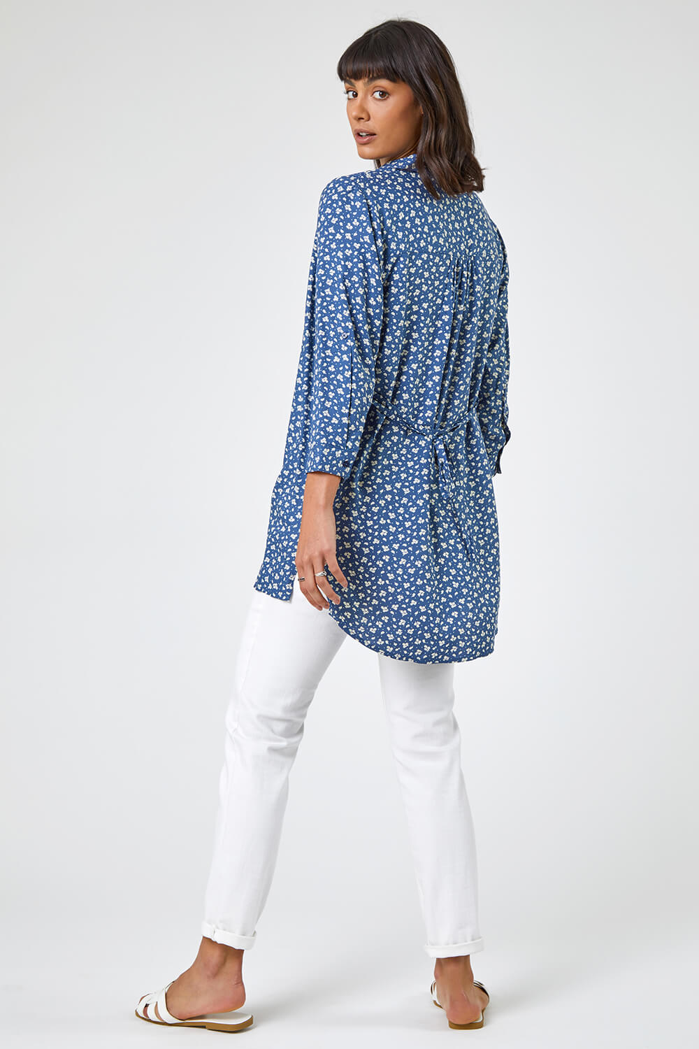 Ditsy Floral Print Belted Blouse in Blue - Roman Originals UK