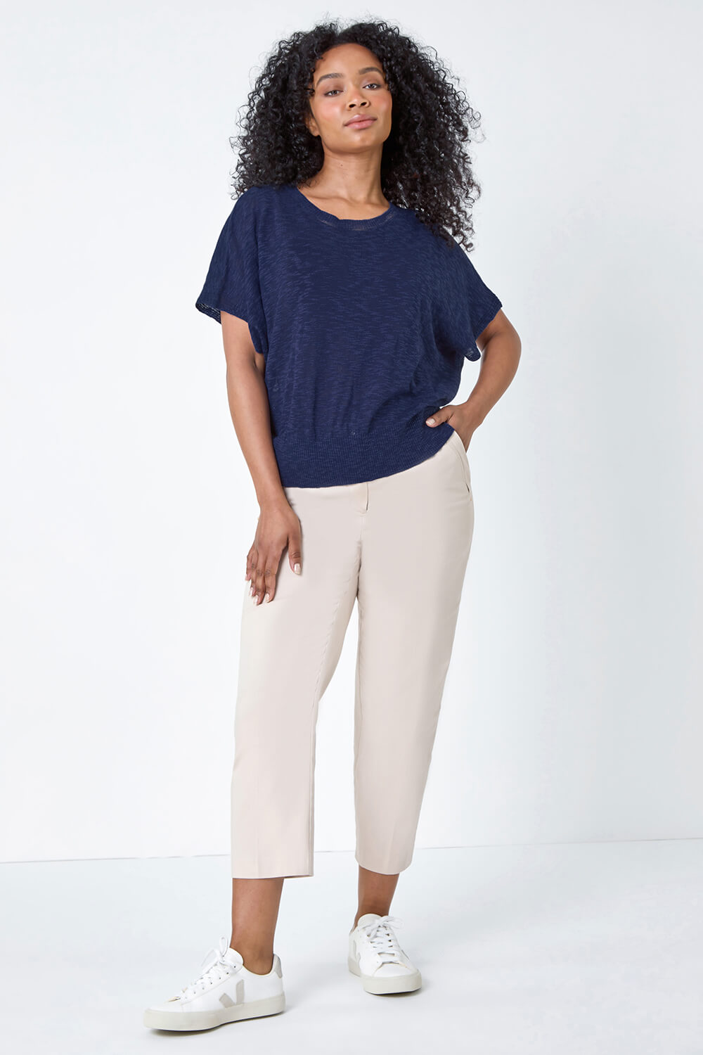 Navy  Petite Cotton Blend Textured Knit Top, Image 2 of 5