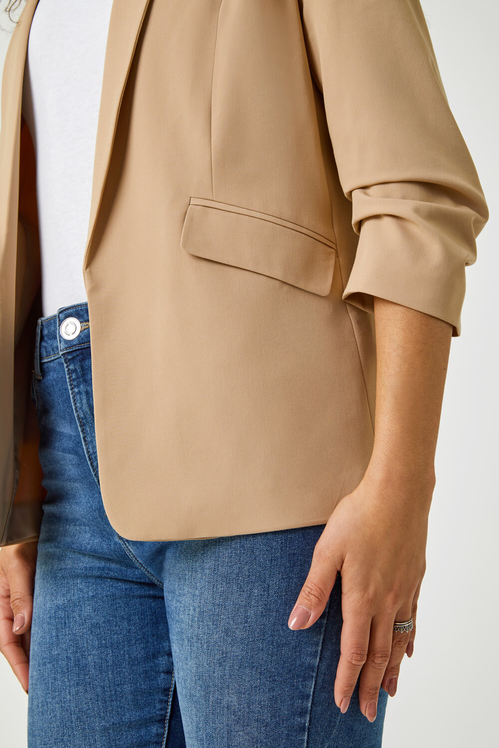 Natural  Ruched Sleeve Stretch Blazer , Image 5 of 5