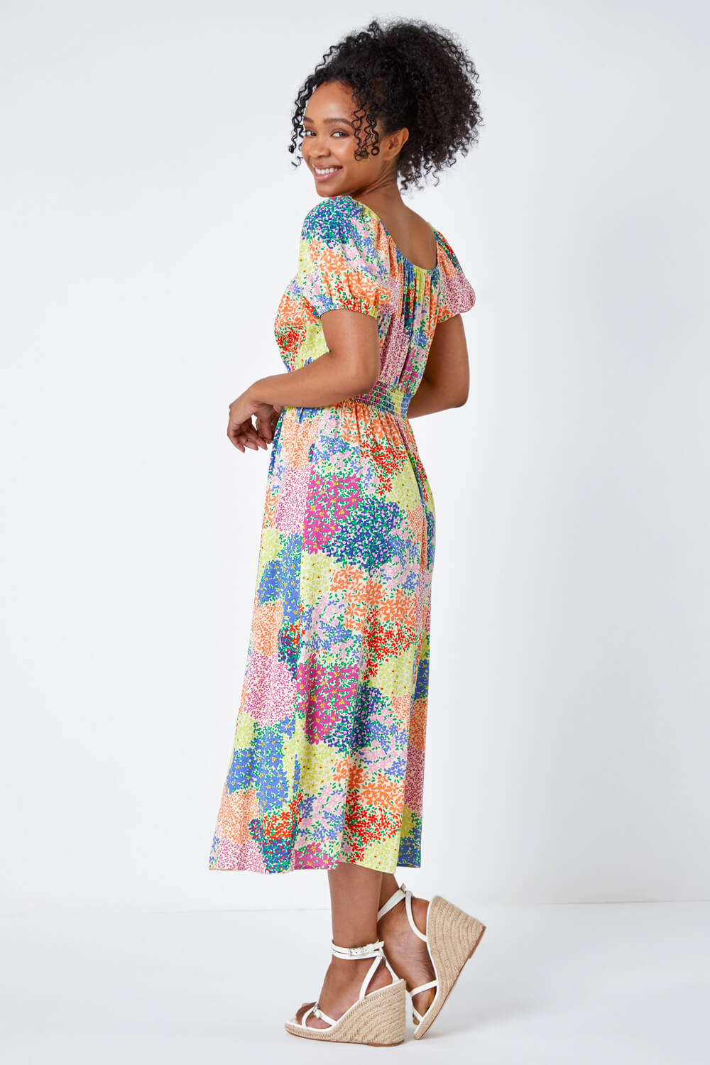 Multi  Petite Ditsy Floral Shirred Midi Dress, Image 3 of 5