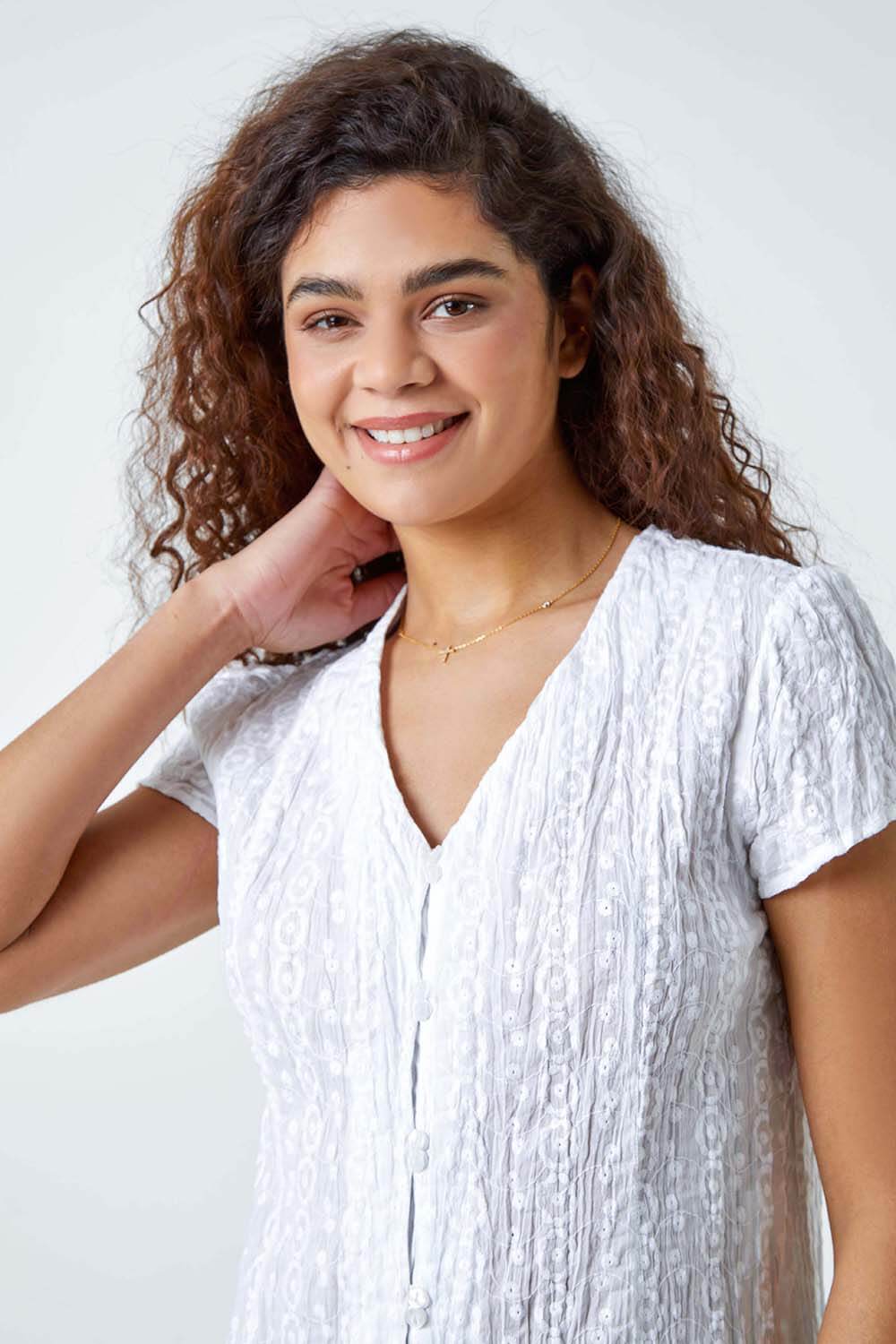 White Cotton Embroidered Crinkle Blouse, Image 4 of 5