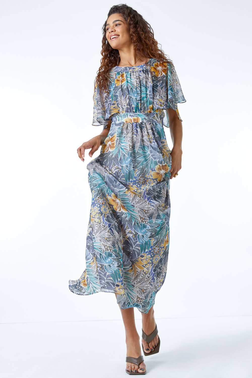 Grey Tropical Print Angel Sleeve Maxi Dress, Image 2 of 5