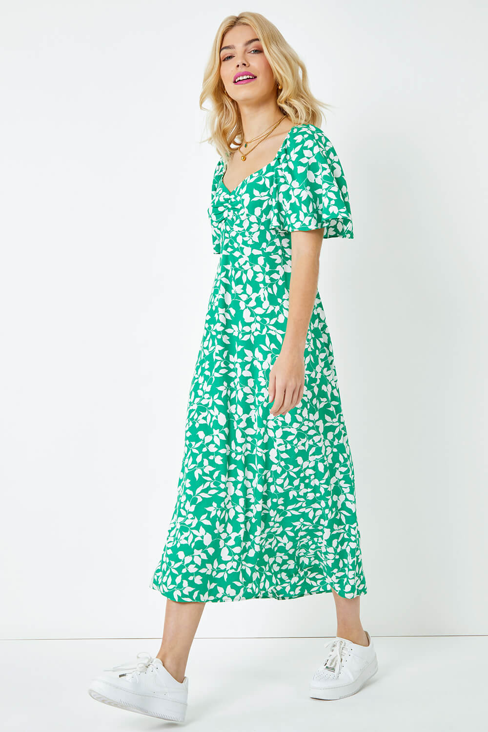 Green Floral Print Ruched Midi Dress , Image 2 of 5