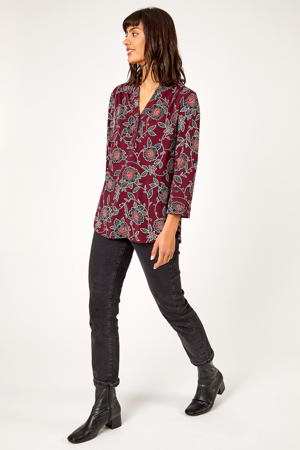 Wine Textured Floral Print Stretch Shirt , Image 3 of 5