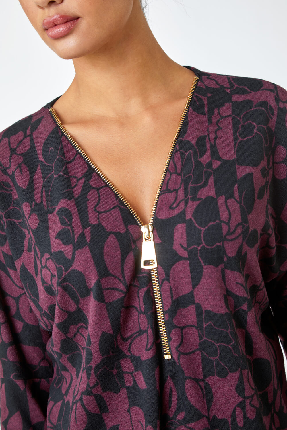Burgundy Floral Stretch Jersey Zip Detail Top, Image 5 of 5