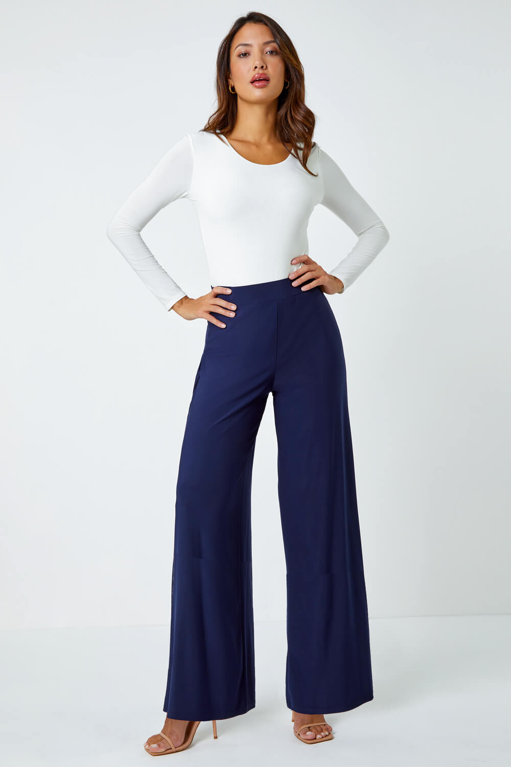 Navy  Wide Leg Stretch Trousers, Image 2 of 6