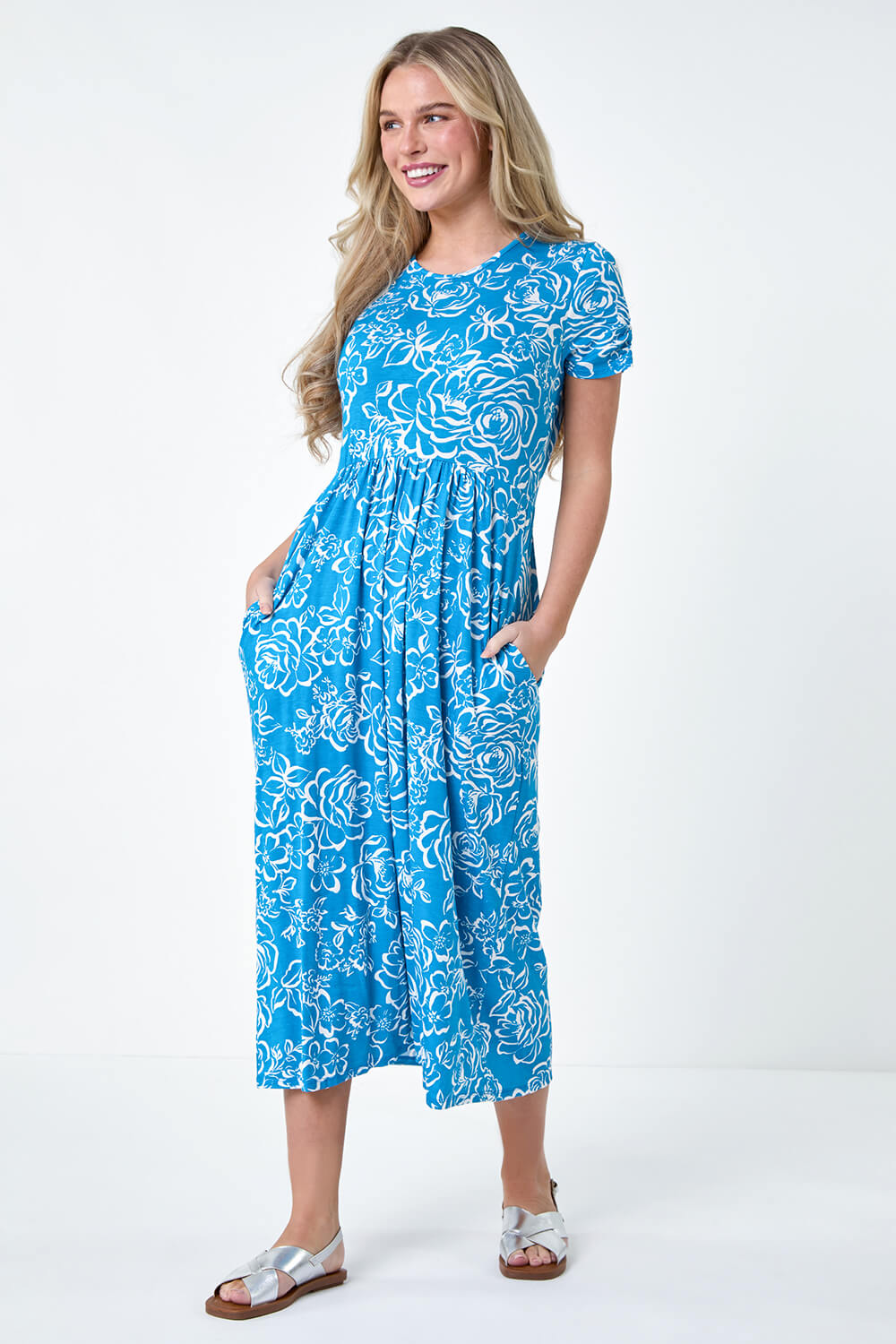 Blue Petite Floral Print Stretch Pocket Midi Dress, Image 2 of 5
