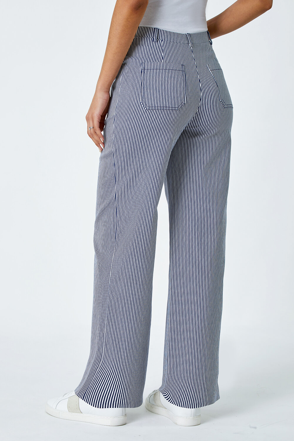 Navy  Striped Wide Leg Stretch Trousers, Image 4 of 5