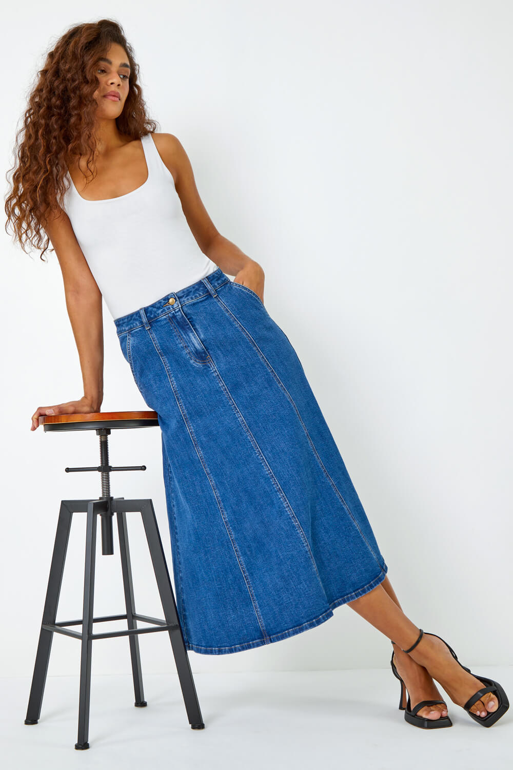 Denim Cotton Denim Panelled Midi Skirt , Image 2 of 5