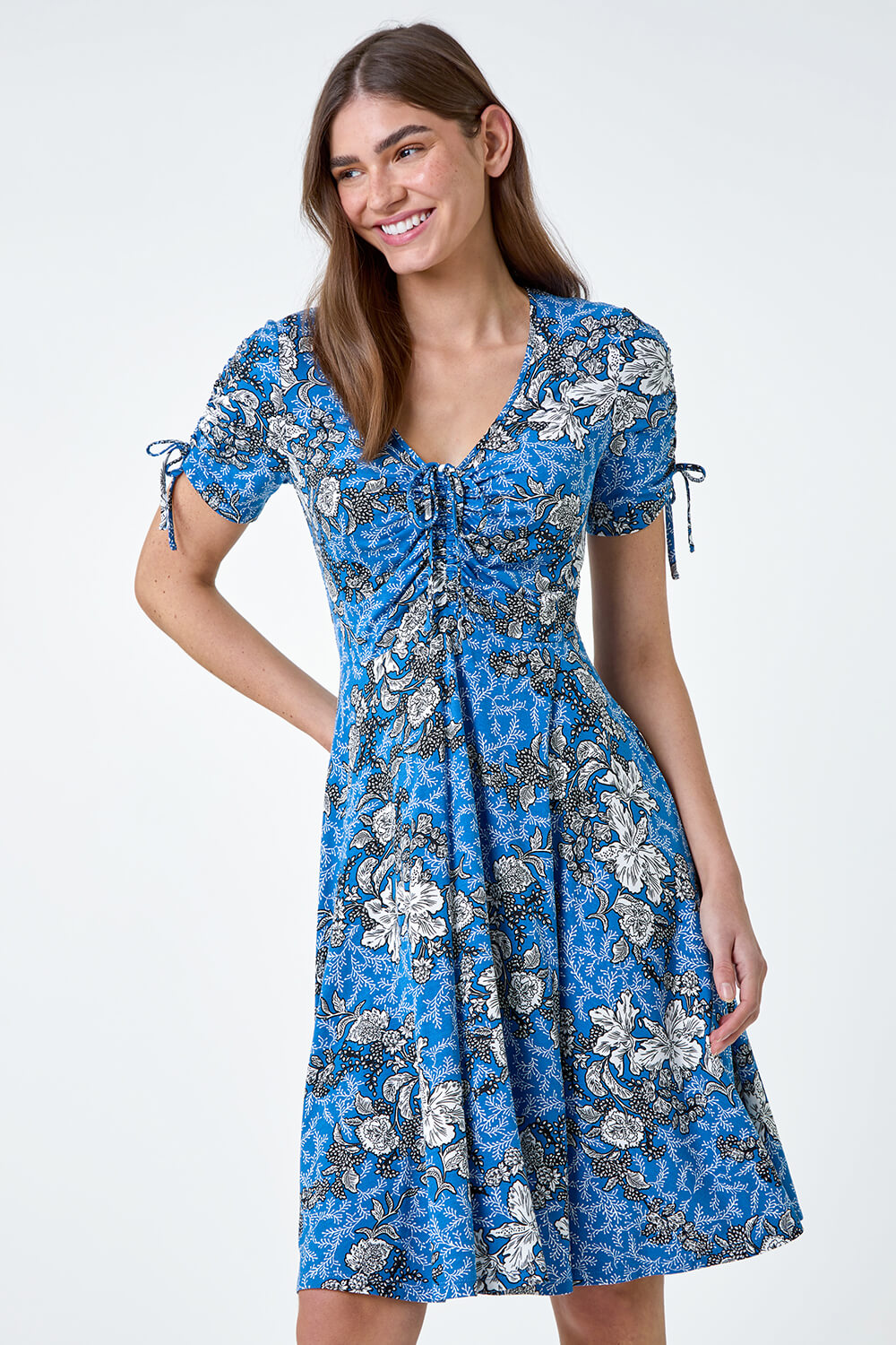 Blue Floral Gathered Tie Detail Stretch Dress | Roman UK