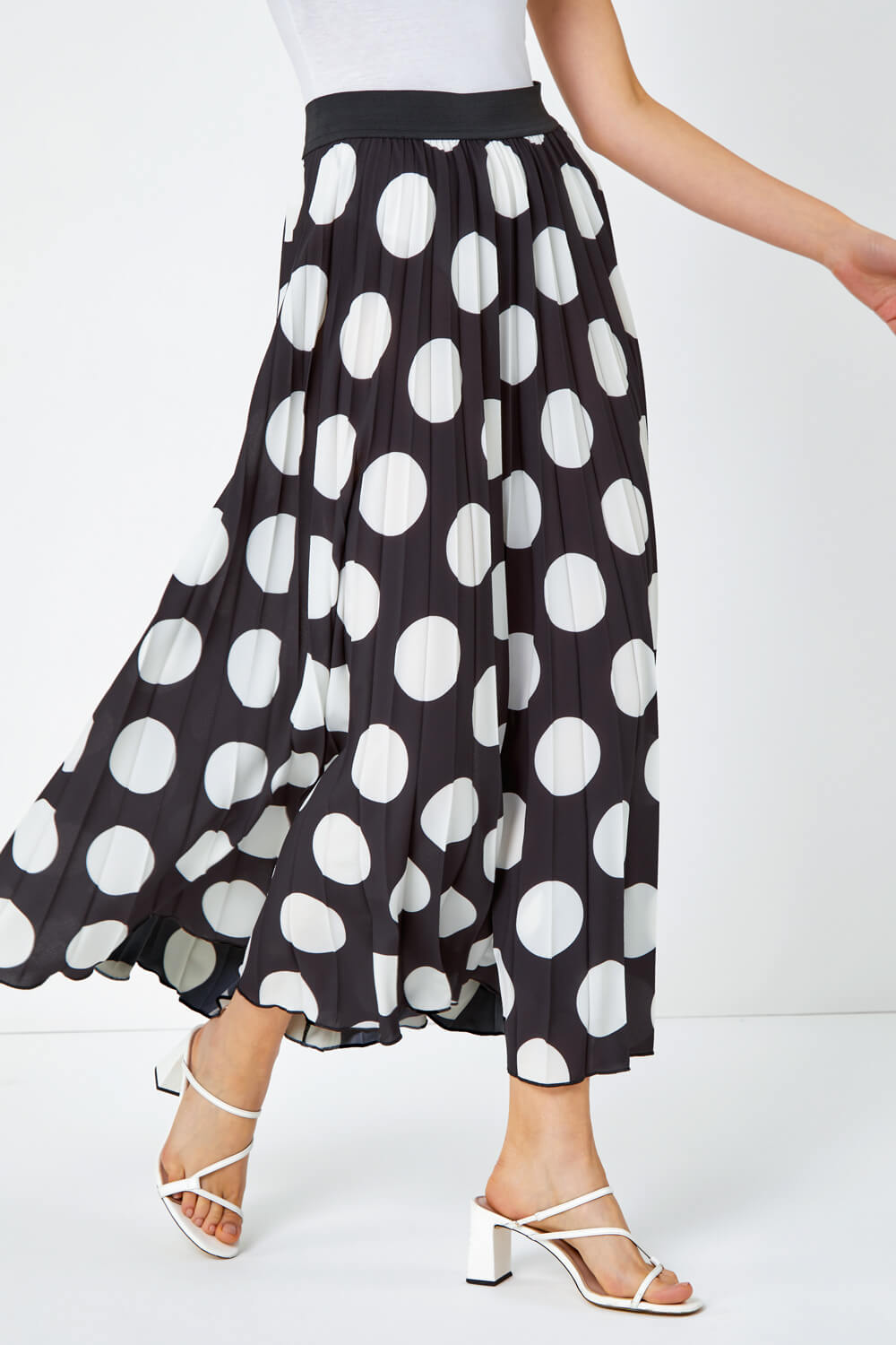Black Polka Dot Pleated Midi Skirt, Image 4 of 5