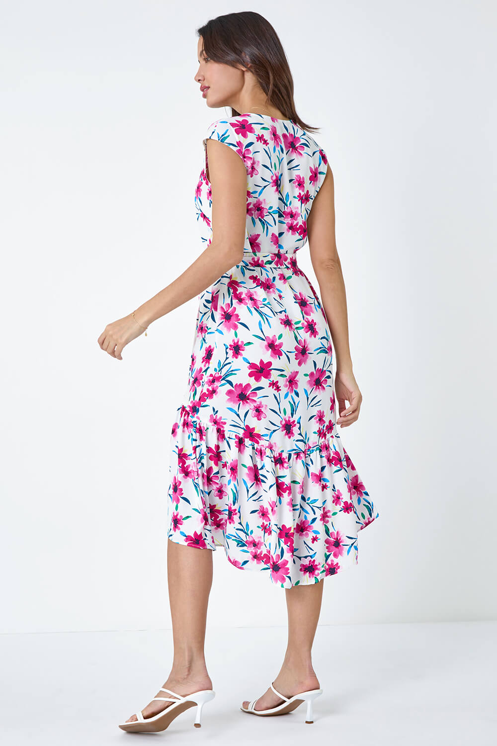 PINK Sleeveless Floral Frill Hem Midi Dress, Image 3 of 5