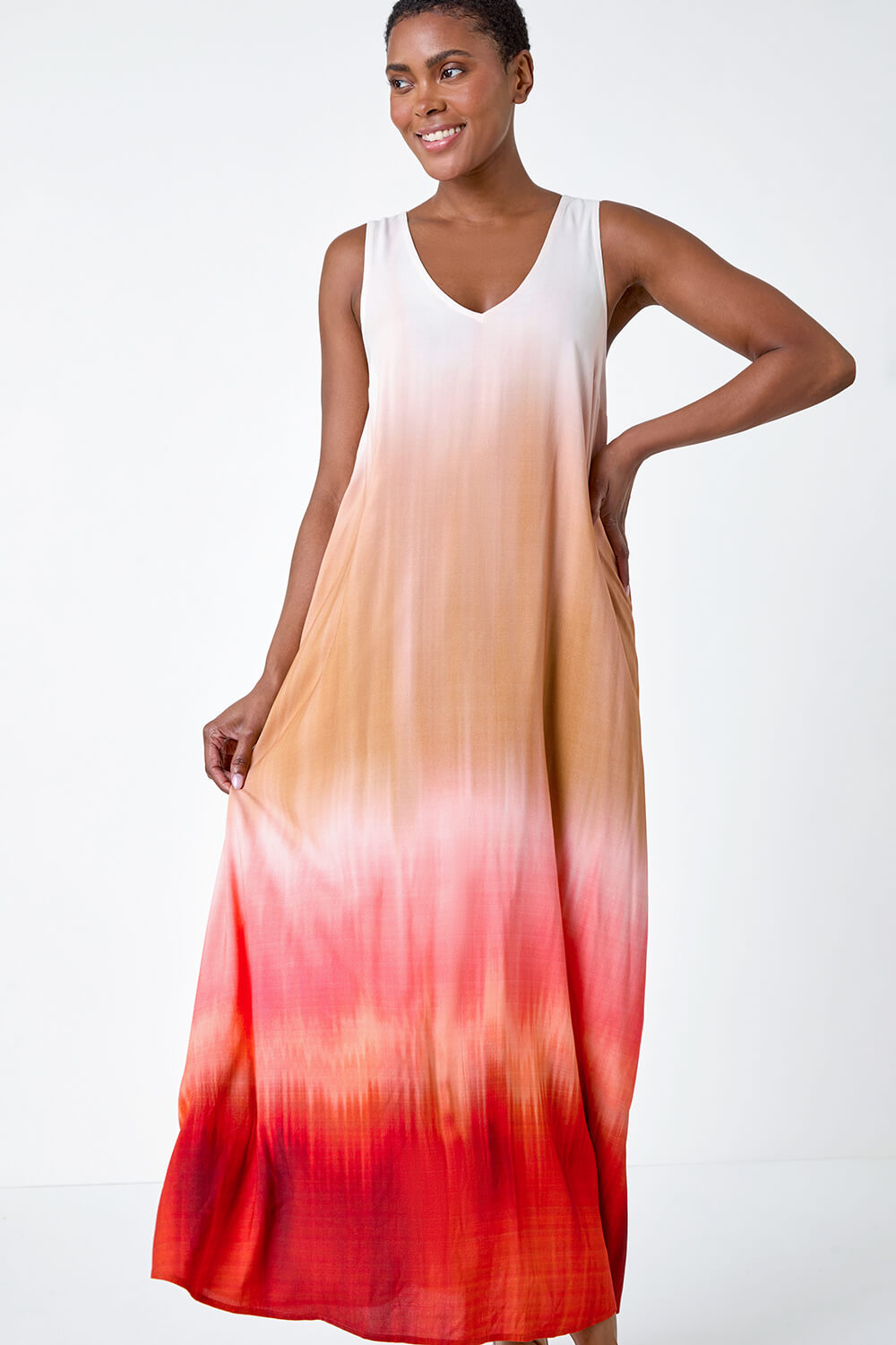Red Sleeveless Ombre Midi Dress, Image 2 of 5