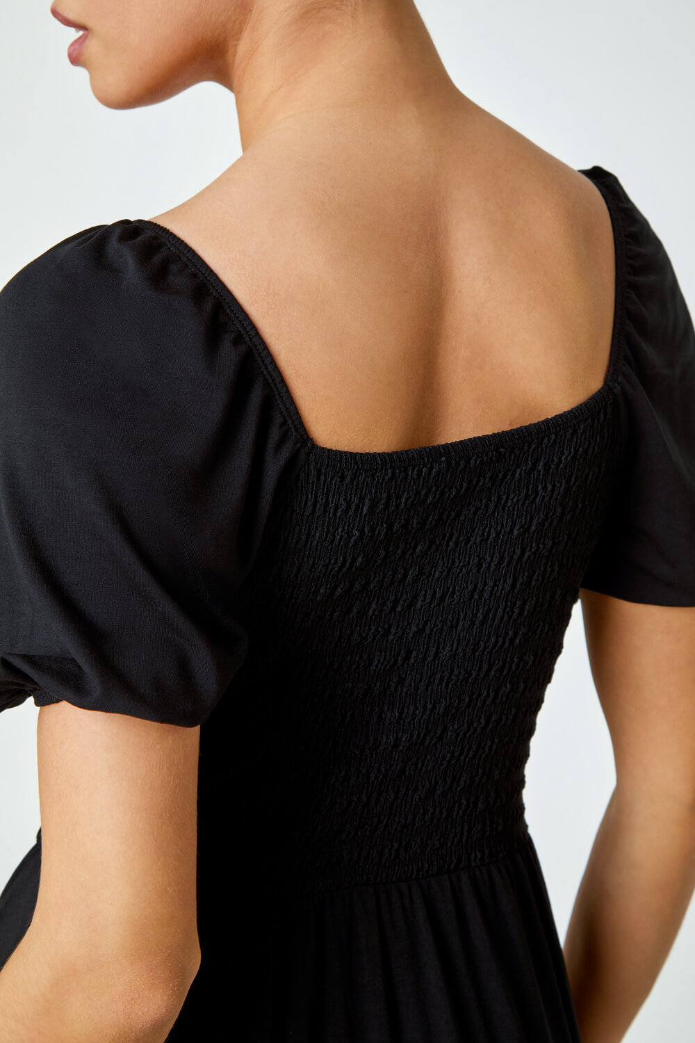 Black Shirred Frill Hem Stretch Dress , Image 5 of 5