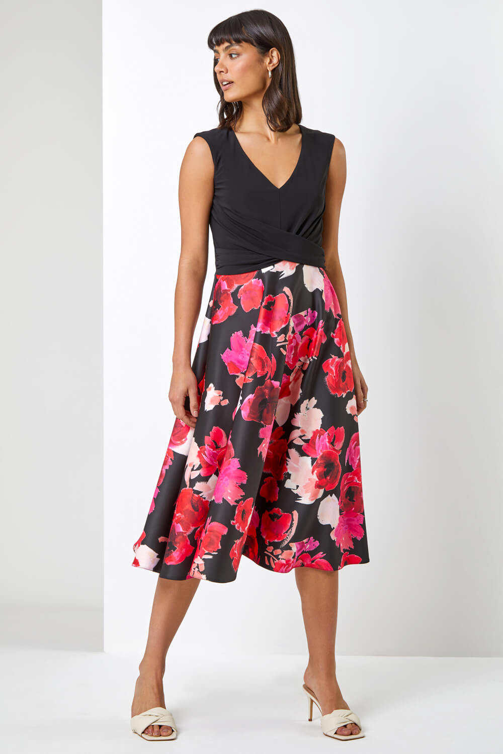 Black Floral Print Twist Detail Fit & Flare Dress, Image 3 of 5