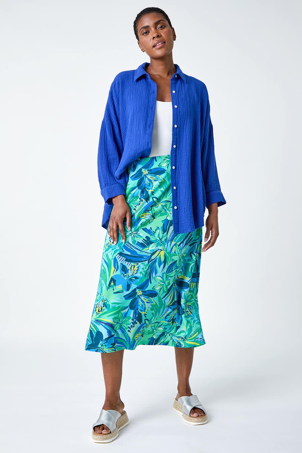 Green Tropical Floral Stretch Panel Skirt, Image 2 of 5