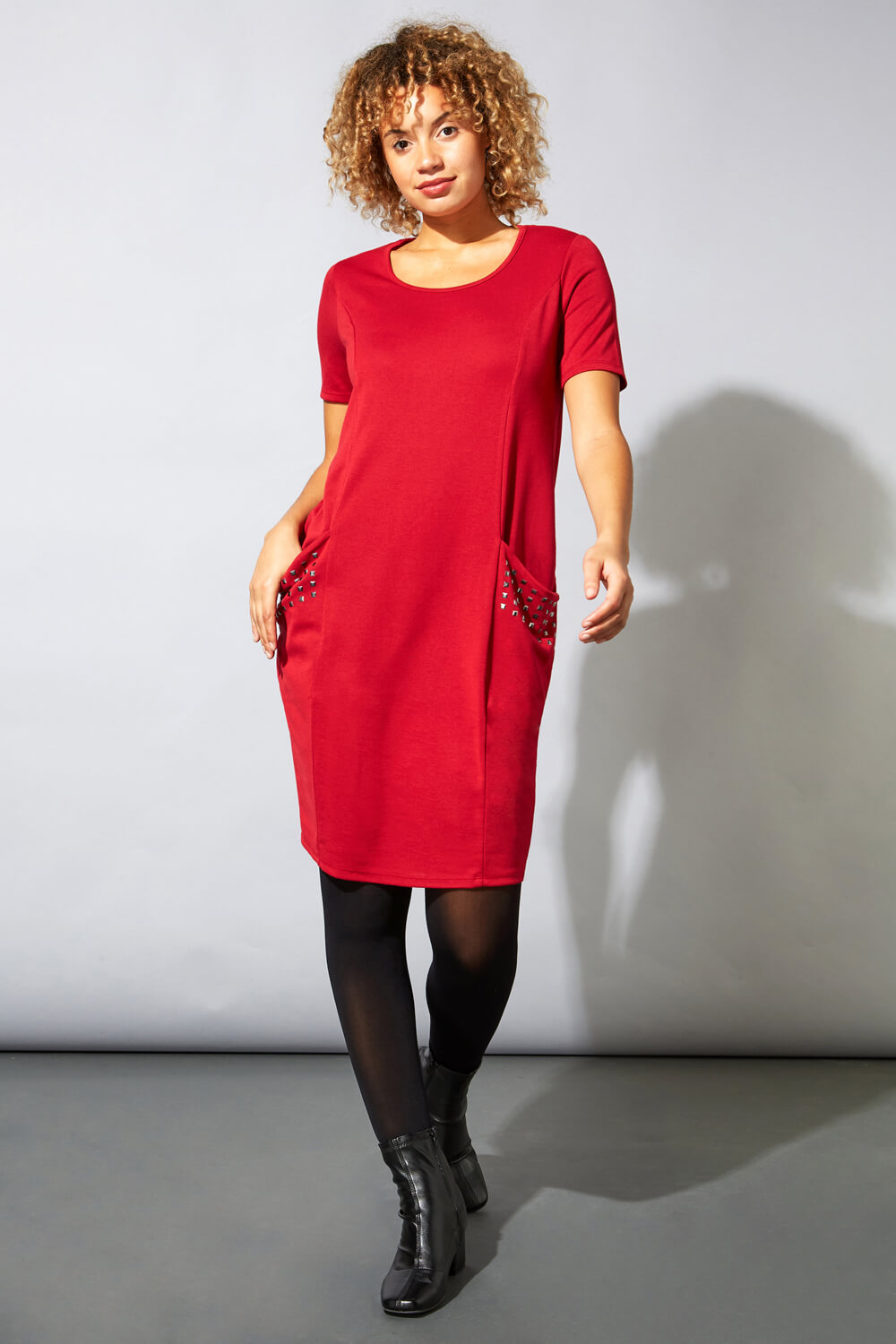 Red Hotfix Pocket Detail Slouch Dress, Image 2 of 4