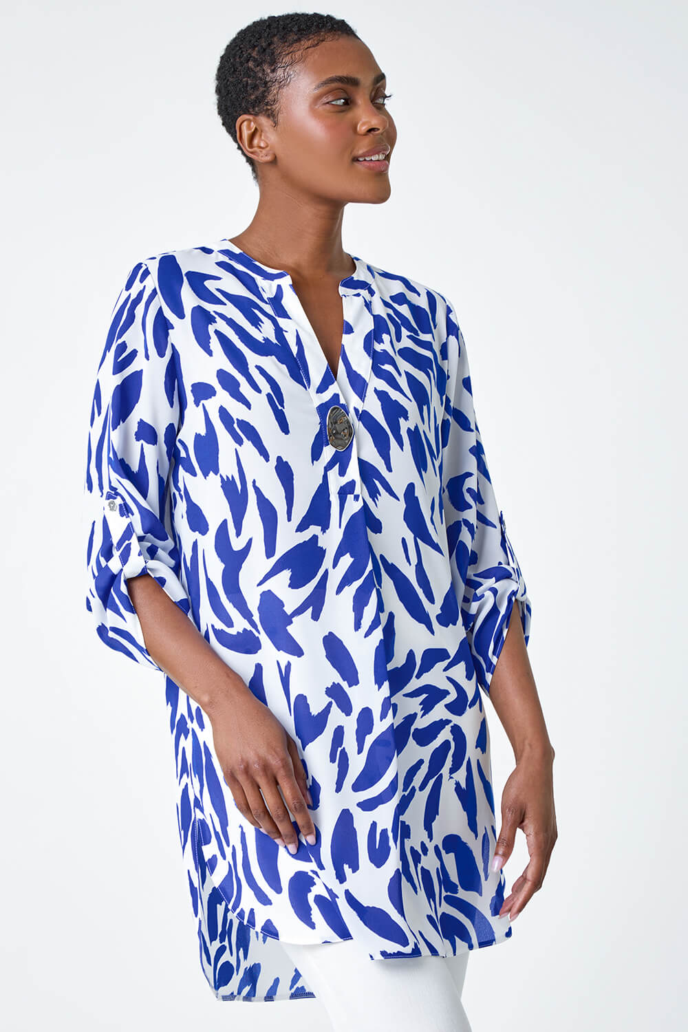 Royal Blue Abstract Longline Button Detail Top, Image 2 of 5