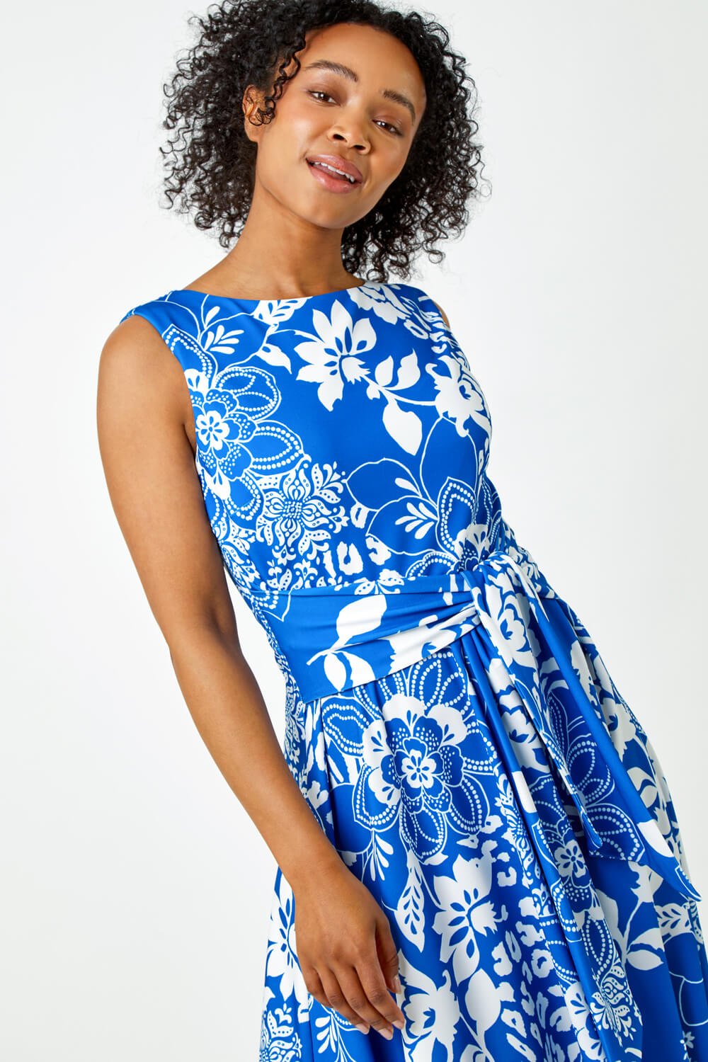 Blue Petite Tie Waist Floral Stretch Dress, Image 4 of 5