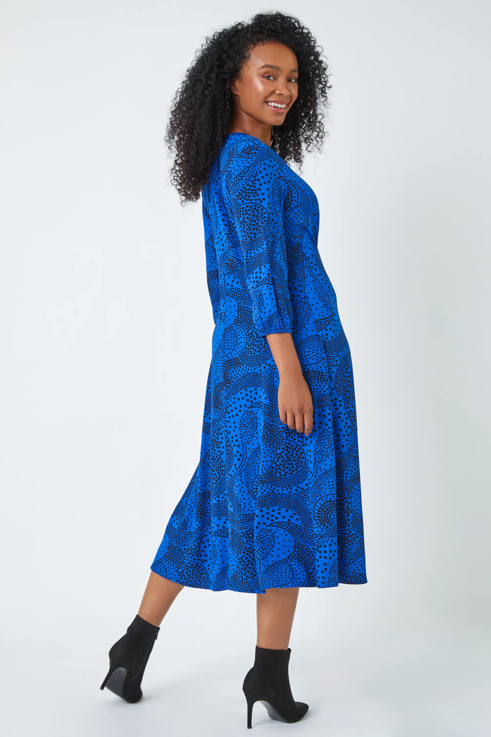 Royal Blue Petite Abstract Spot Stretch Midi Dress, Image 2 of 5