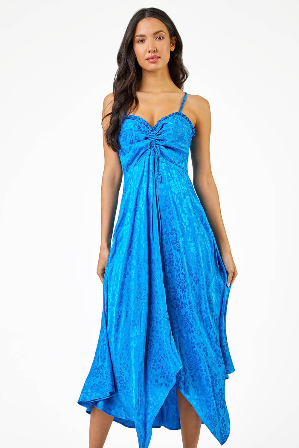 Satin Ruffle Detail Jacquard Midi Dress in Blue - Roman Originals UK