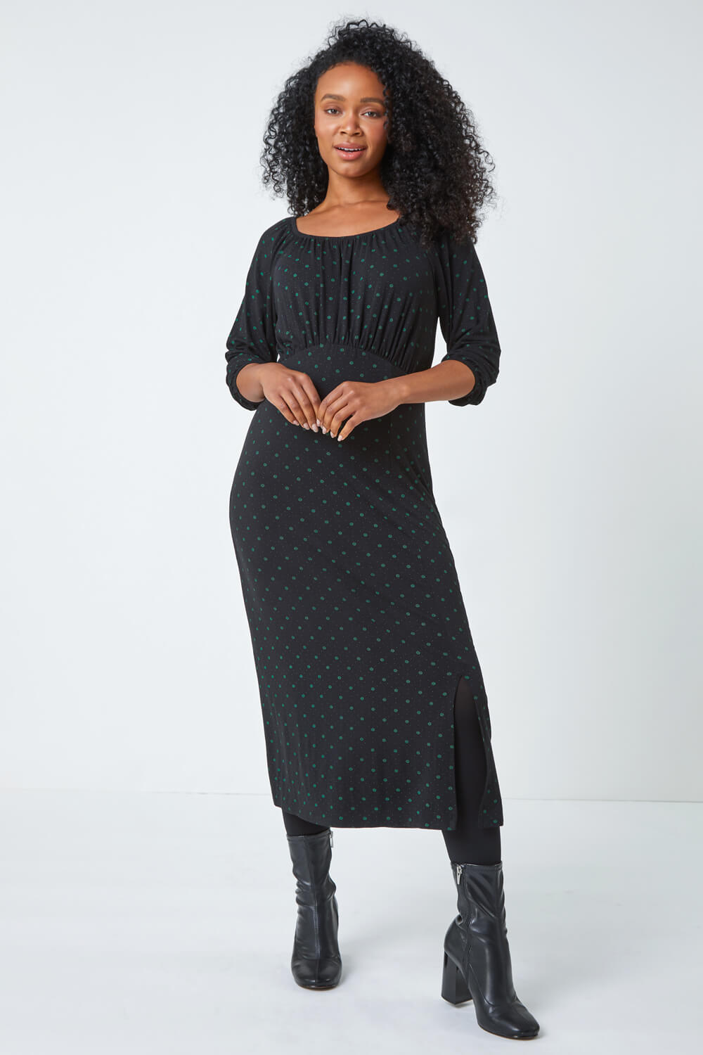 Black Petite Polka Dot Midi Stretch Dress , Image 2 of 5