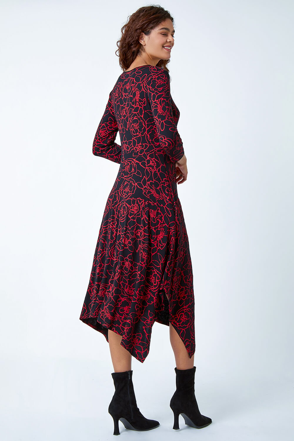 Red Floral Print Pocket Midi Stretch Dress, Image 3 of 5
