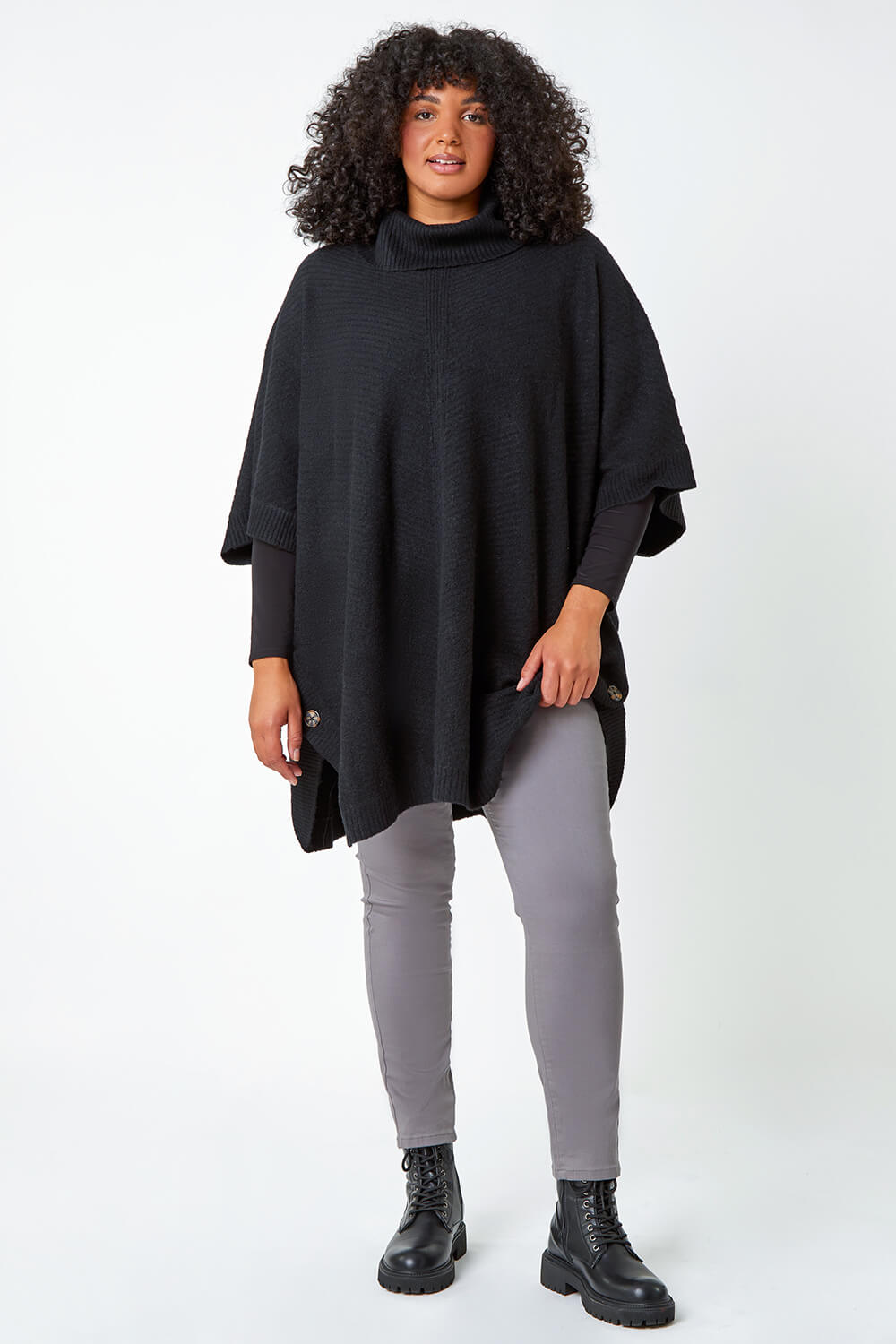Black Curve Button Detail Stretch Poncho, Image 2 of 5