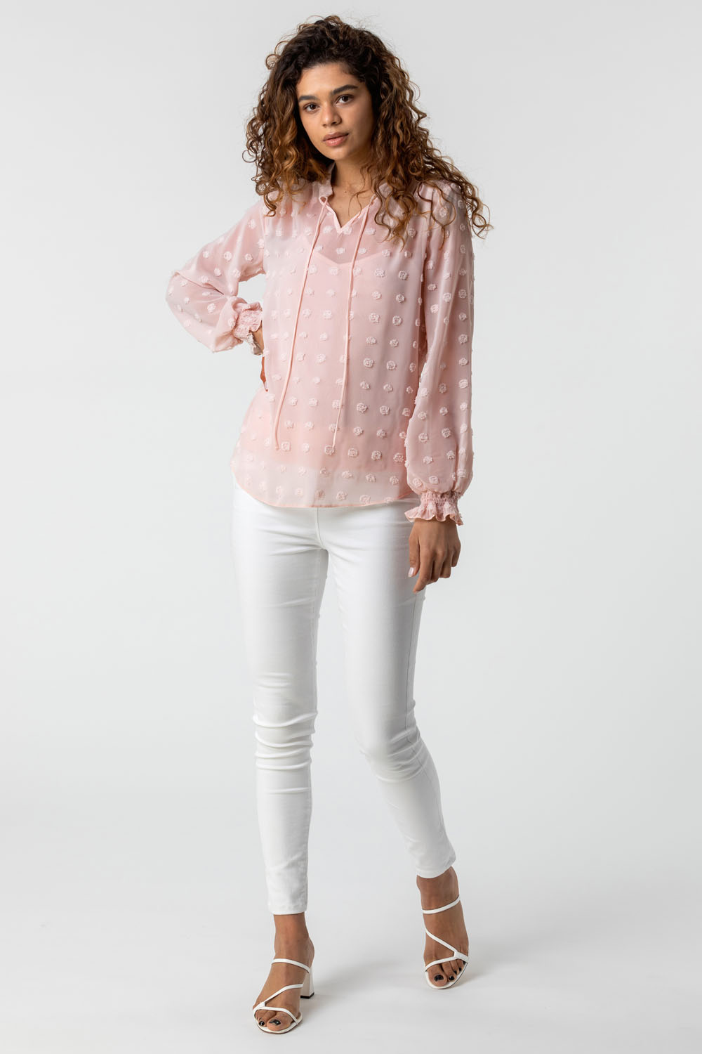 Light Pink Textured Spot Blouse with Cami Top, Image 3 of 4